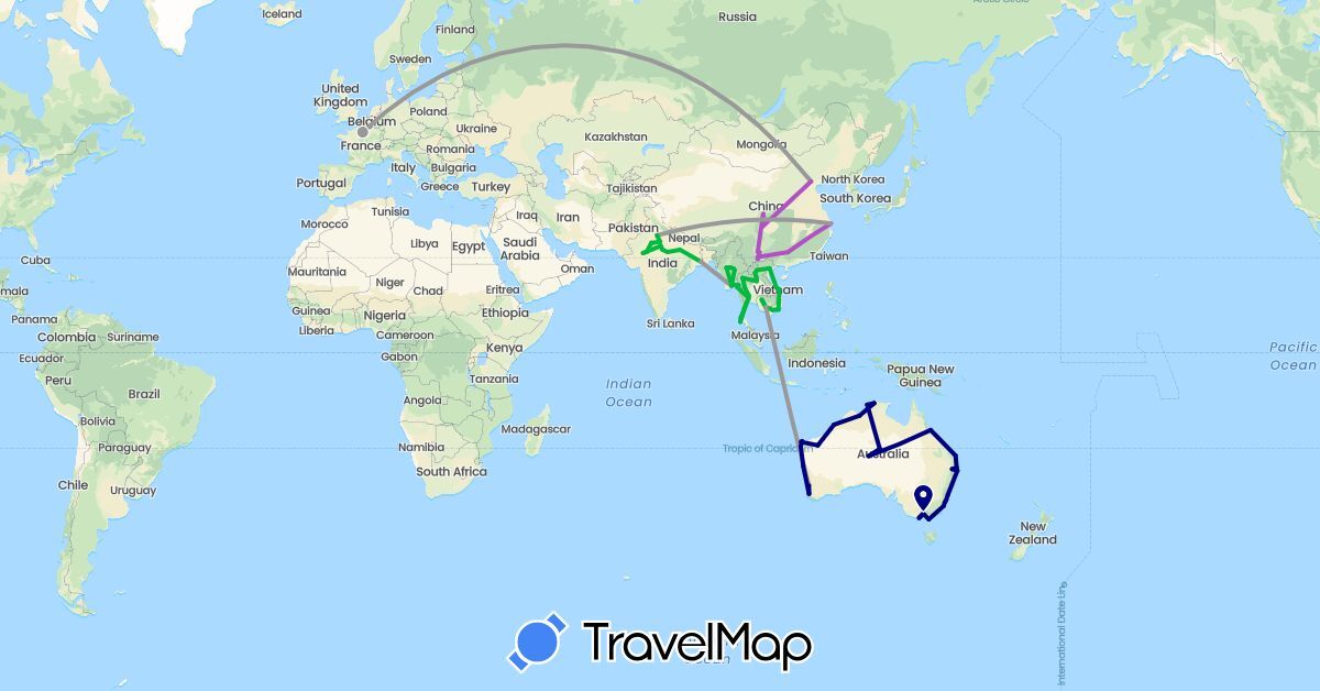 TravelMap itinerary: driving, bus, plane, train in Australia, China, France, India, Cambodia, Laos, Myanmar (Burma), Thailand, Vietnam (Asia, Europe, Oceania)